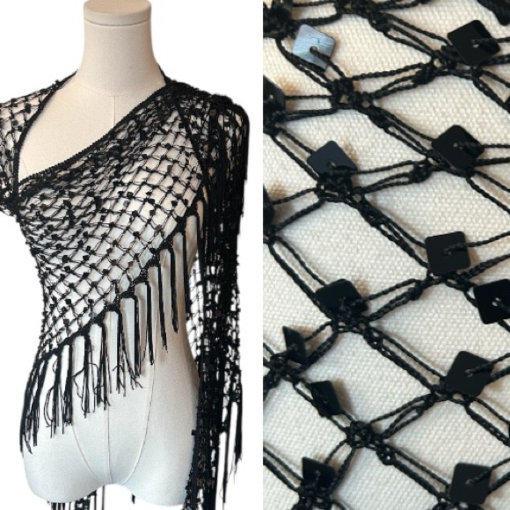 Black Fringe Crochet Shawl Wrap one size - Picture 1 of 5